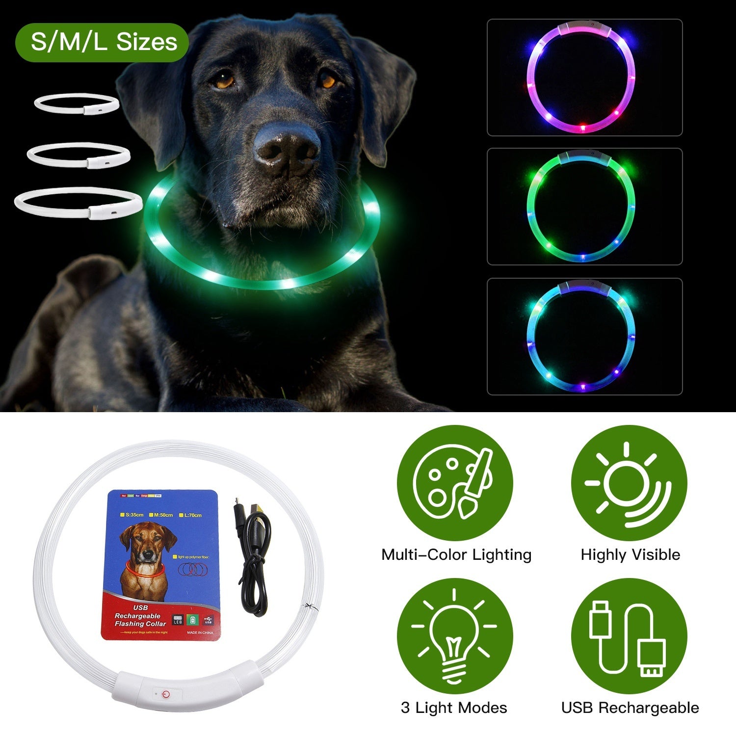 USB Rechargeable LED Dog Collar Multi Color Lighting